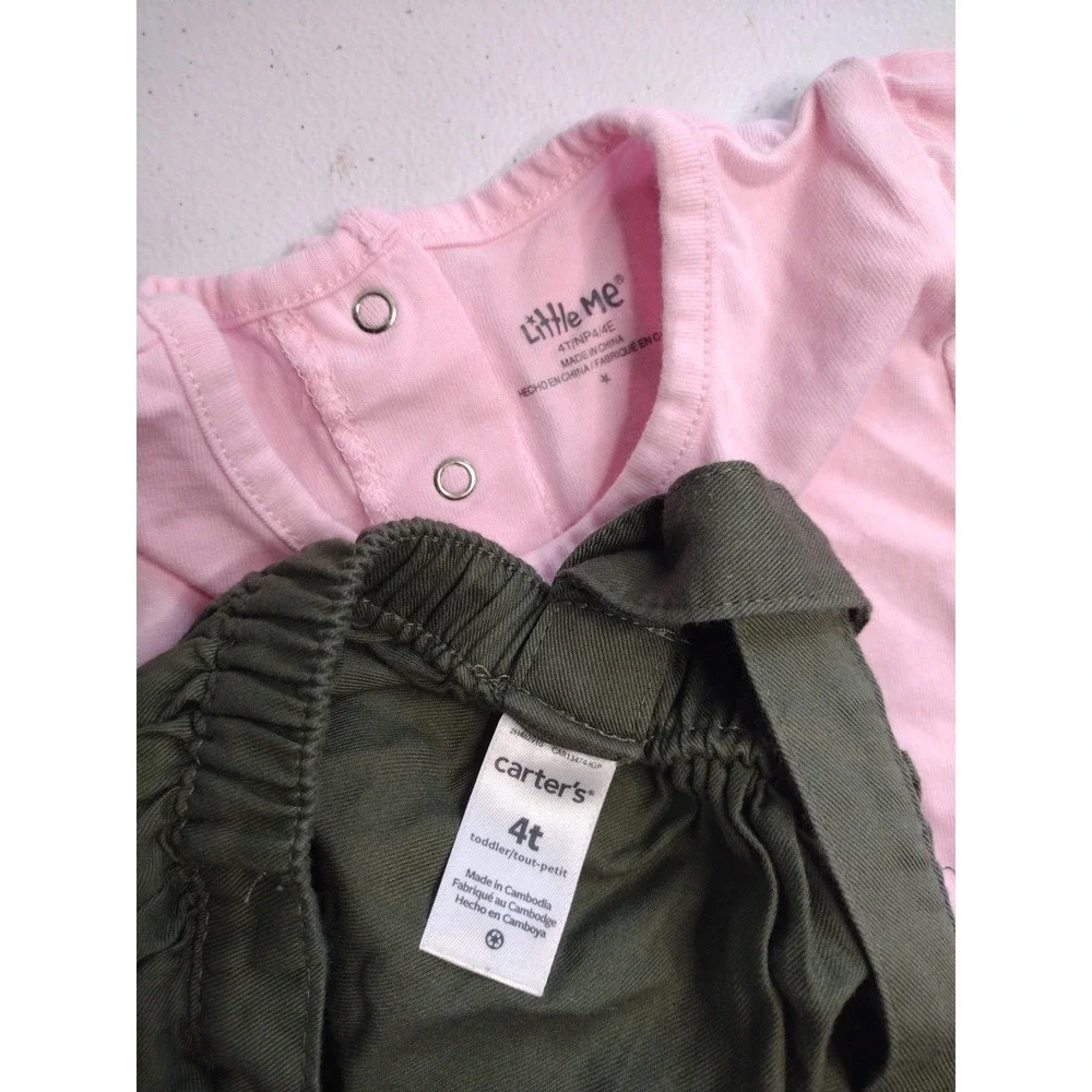 Little Me Carters Toddler Girls 4T Pink Floral Shirt Olive Green Suspender Skirt